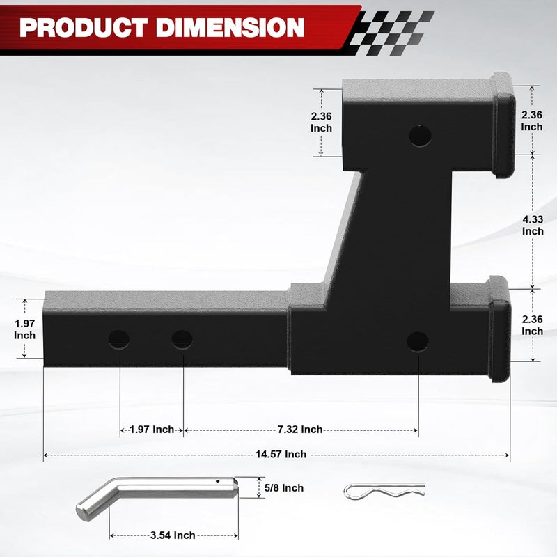 longsen 2 Inch Hitch Extension - Dual Receiver for Trailer & Bike Rack, Adjustable Length 7.3-9.3 Inches, Includes Pin, Clip, 5000lbs - Image 2
